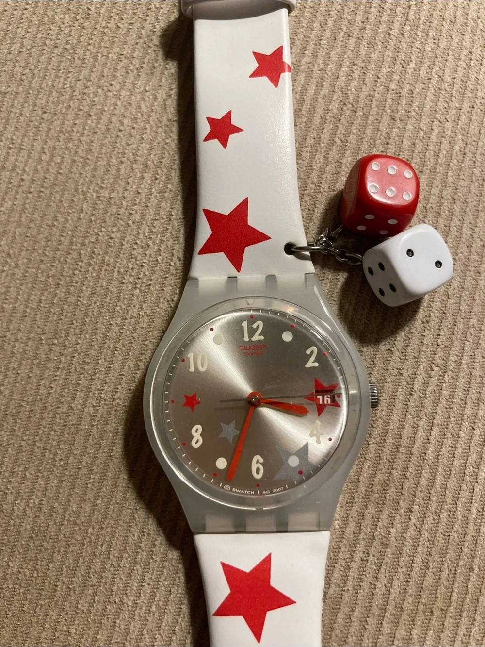 Swatch White and Red ‘Star Feelings’ Watch with Dice Charms - New